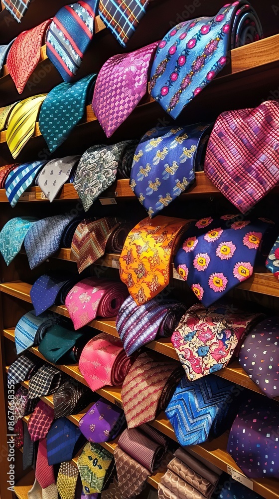 Variety of Colorful Ties Displayed on Wooden Shelves in a Store Variety of Colorful Ties Displayed on Wooden Shelves in a Store
