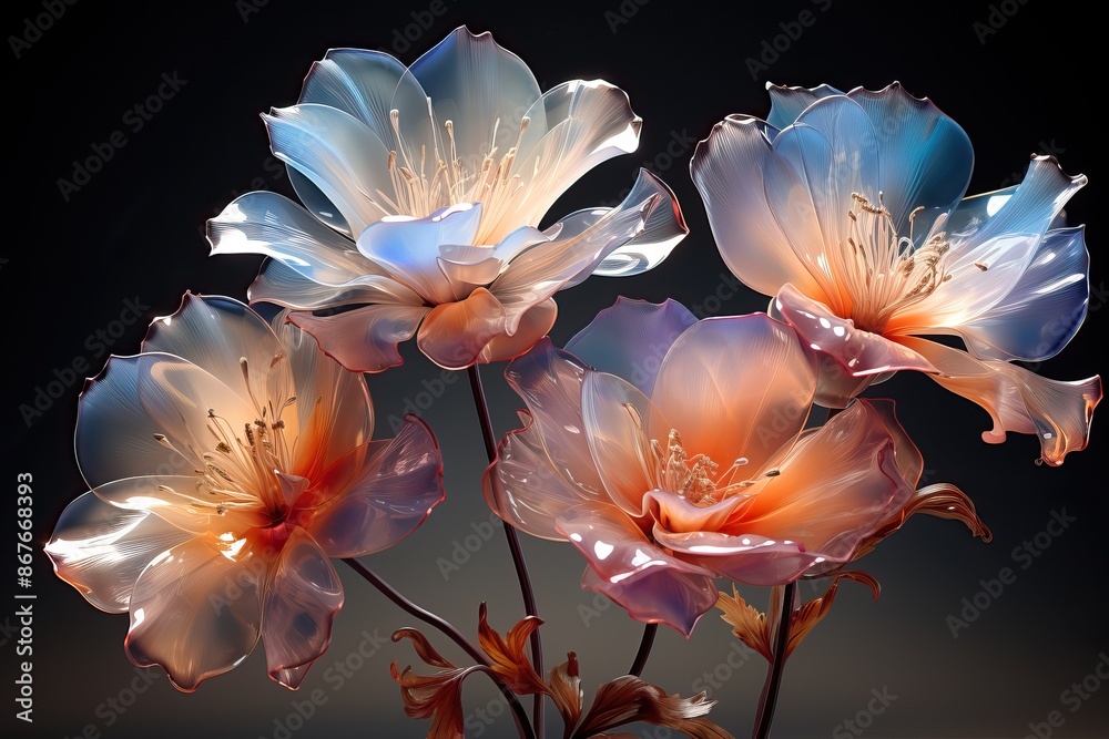 Translucent Glass Flowers with Intricate Details and Gradient Colors Translucent Glass Flowers with Intricate Details and Gradient Colors