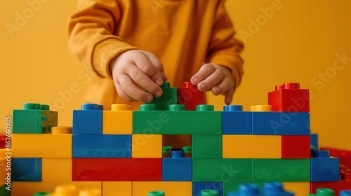 Child playing with colorful building blocks, showcasing creativity and development in a bright and cheerful setting.