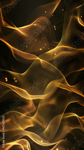 Vector illustration of golden dynamick lights linze effect isolated on black color background. Abstract background for science, futuristic, energy technology concept. Digital image lines with light  photo
