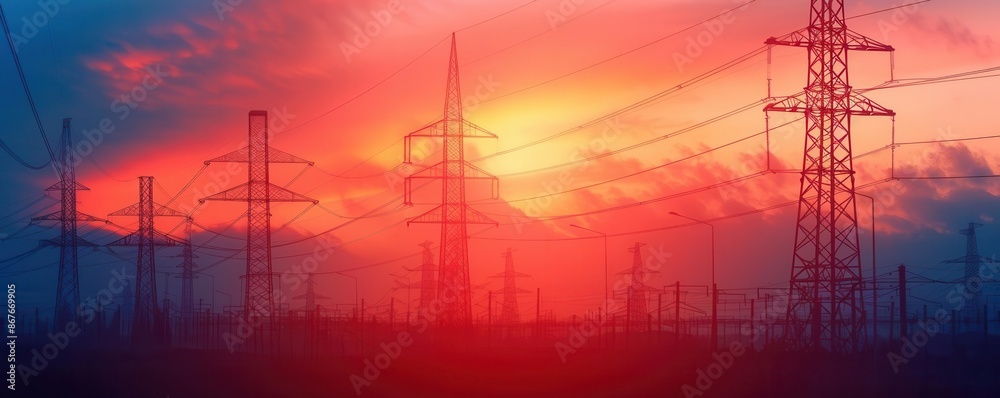 Dramatic sunset over power lines and electrical towers, illustrating energy infrastructure and the transition between day and night. Dramatic sunset over power lines and electrical towers, illustrating energy infrastructure and the transition between day and night.