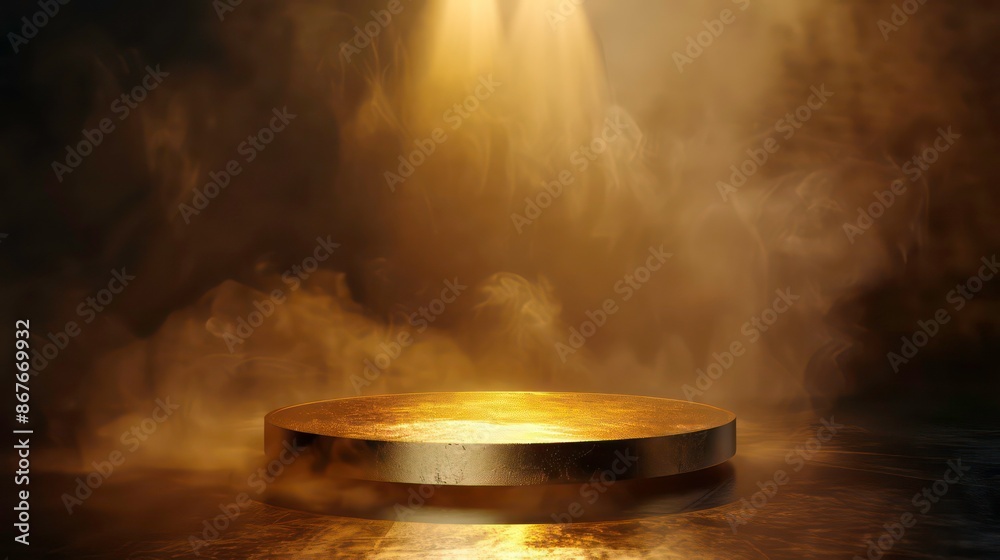 Gold podium on dark background with smoke. Empty pedestal for awards ceremony. Platform illuminated by spotlights. Generative AI