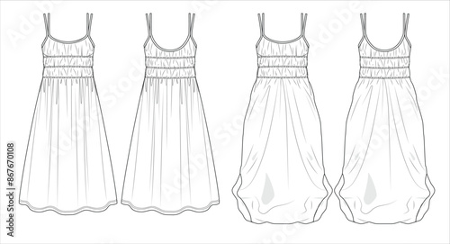 Vector maxi bohemian dress fashion CAD, woman flared round neck long dress technical drawing, template, sketch, flat, mock up. Jersey or woven fabric mini 2 pcs dress with front view, white color