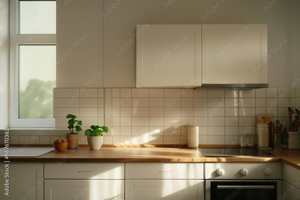 Morning sunlight streaming into a tidy kitchen, house routine, peaceful start Morning sunlight streaming into a tidy kitchen, house routine, peaceful start