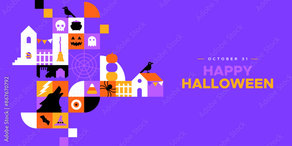 Happy halloween geometric mosaic web template illustration. Modern flat october holiday cartoon icon background, fun costume party online invitation. Spooky internet event banner. Happy halloween geometric mosaic web template illustration. Modern flat october holiday cartoon icon background, fun costume party online invitation. Spooky internet event banner.
