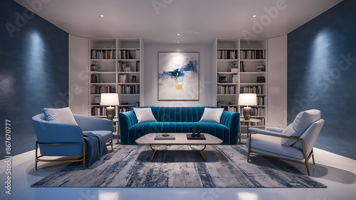 The modern living room features a cozy ambiance complemented by a textured blue wall background, showcasing a sophisticated interior design in this 3D rendering.