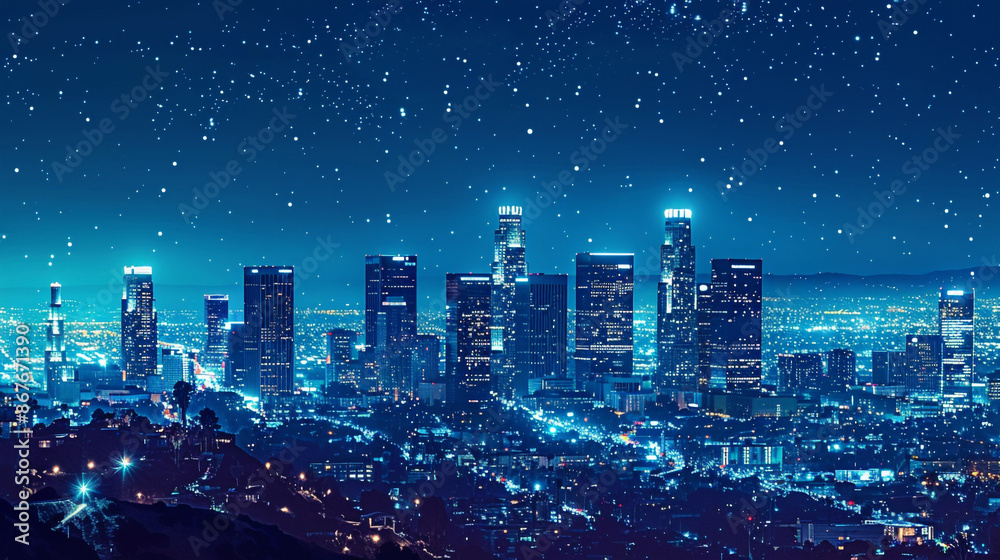 Fototapeta premium A vibrant blue nighttime cityscape highlighting modern architecture and illuminated skyscrapers