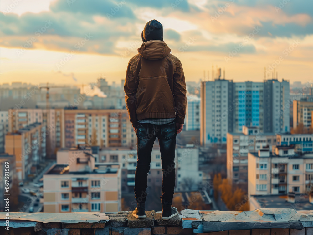 A young guy stands on the roof and looks at the city during the day A young guy stands on the roof and looks at the city during the day