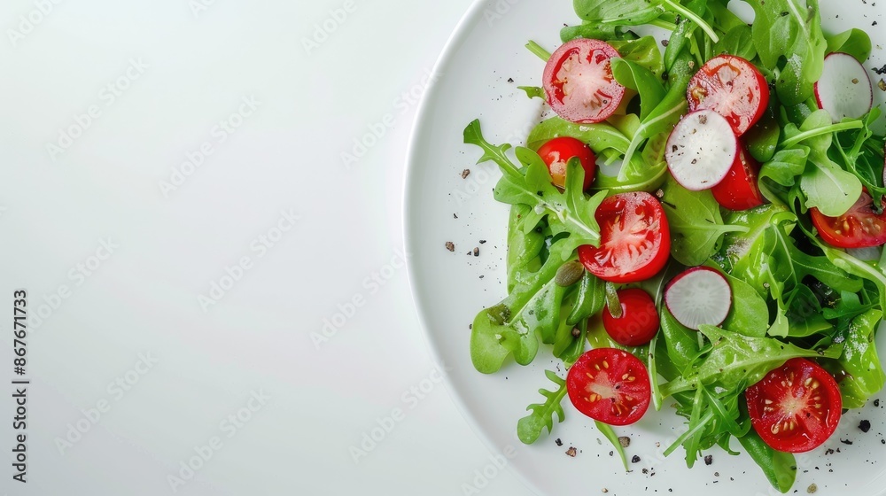 Fresh salad on a white plate with space for text Fresh salad on a white plate with space for text