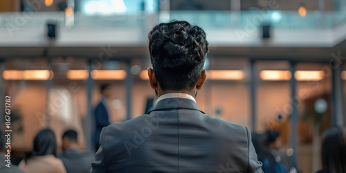 Professional Indian man in formal suit giving a presentation to an audience in a modern office with glass walls, business conference room, leadership concept