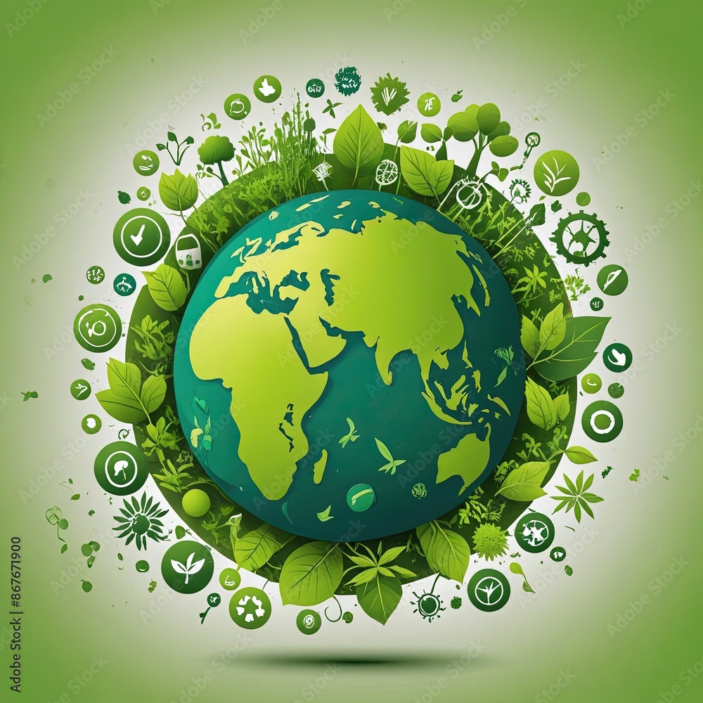 Earth surrounded by renewable energy symbols and green foliage highlighting importance of climate change awareness and sustainable innovation Earth surrounded by renewable energy symbols and green foliage highlighting importance of climate change awareness and sustainable innovation