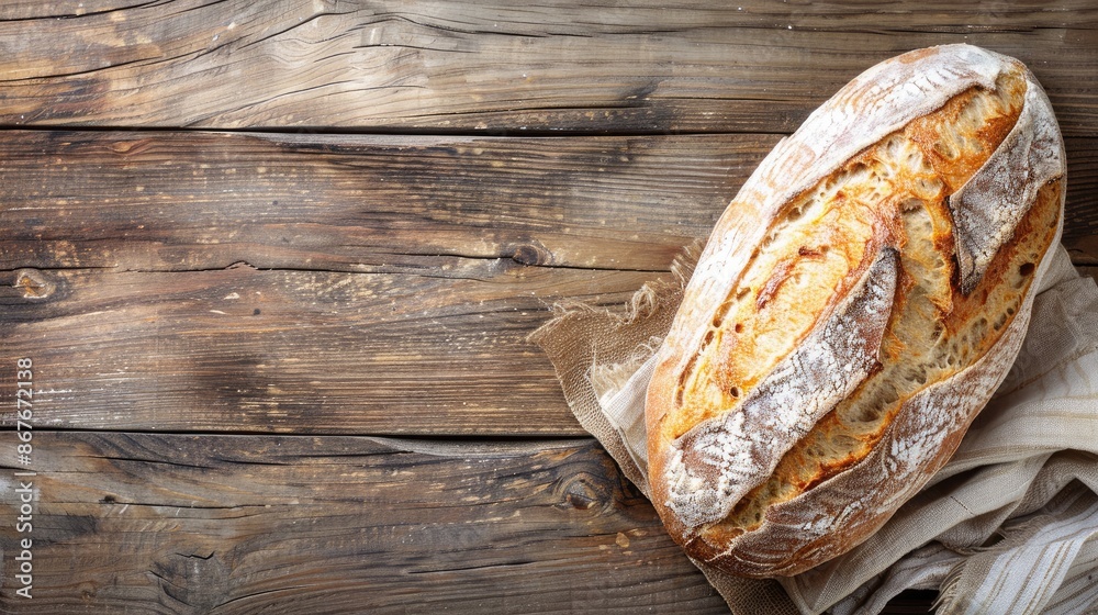 Freshly baked bread on a rustic wooden table with space for text Freshly baked bread on a rustic wooden table with space for text