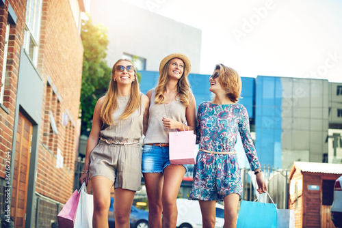 Εκτύπωση καμβά Group, women and shopping spree in city for discount, boutique sale and happy in summer