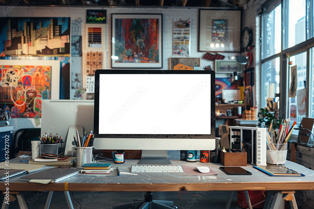 Computer mockup. Computer with white screen on art desk in creative studio office. The workspace includes colorful art supplies, sketches, and inspirational mood boards. Computer mockup. Computer with white screen on art desk in creative studio office. The workspace includes colorful art supplies, sketches, and inspirational mood boards.