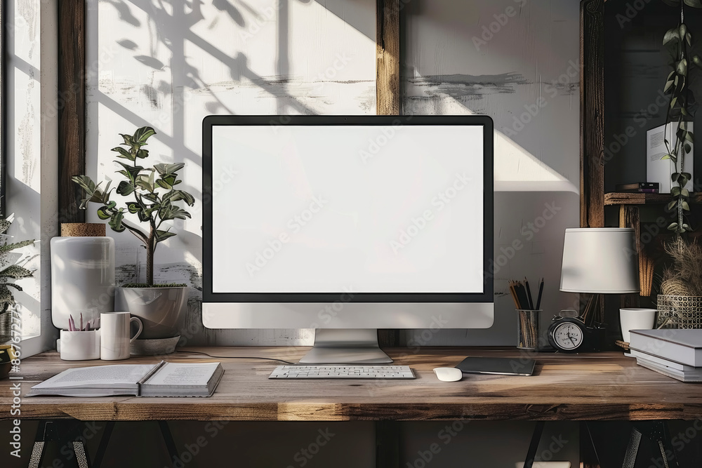 Mockup computer. Sleek modern computer with white screen placed on a minimalist desk in a modern office setting Mockup computer. Sleek modern computer with white screen placed on a minimalist desk in a modern office setting