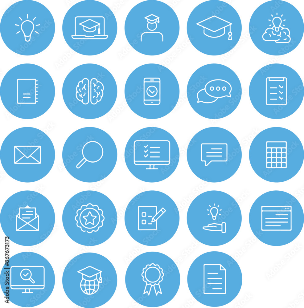 Round circle blue button icon set of education learning school university textbook. Thin line icons, flat vector illustrations, isolated on transparent background Round circle blue button icon set of education learning school university textbook. Thin line icons, flat vector illustrations, isolated on transparent background