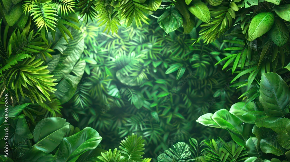 Fototapeta premium Jungle background with small green leaves providing ample copy space image. Generative AI