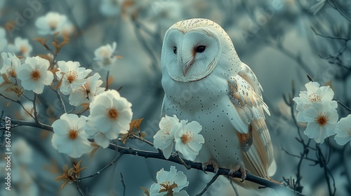 A mystical white owl perched on a tree branch under the moonlight, symbolizing wisdom and good fortune.  photo