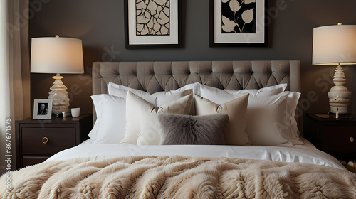 Illustrate a serene bedroom scene where a bunch of fluffy pillows are arranged on a bed photo