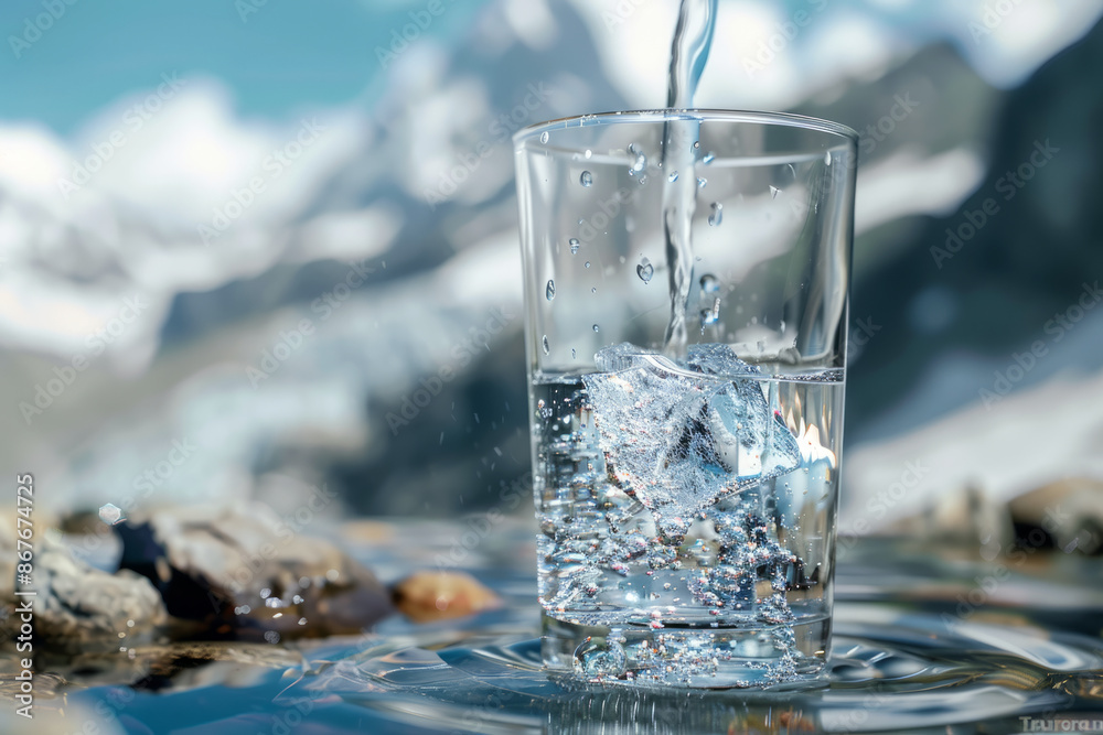 Pouring pure crystal mineral water into a transparent glass on the background of mountains
Pouring pure crystal mineral water into a transparent glass on the background of mountains