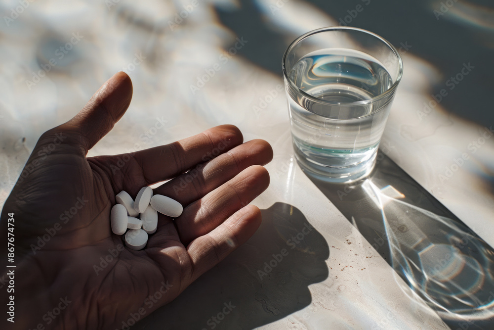 Φωτογραφία White pills in a man's hand next to a glass of water on a table background with