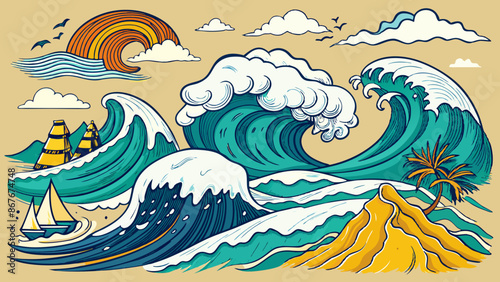 Sea waves sketch. Storm wave, vintage tide and ocean beach storms hand drawn vector illustration set