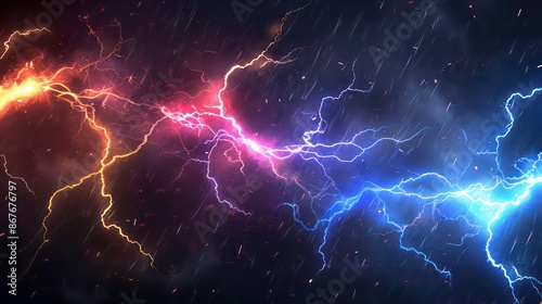 Lighting thunder on dark background. Realistic background in the form of lightning. A powerful charge causes many sparks. Generative AI