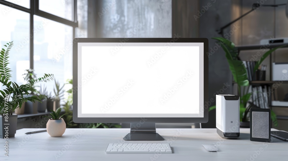 Modern office with a blank computer screen Modern office with a blank computer screen