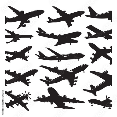 Black silhouettes of different airplanes, vector