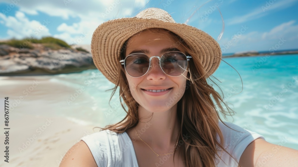 closeup shot of a good looking female tourist. Enjoy free time outdoors near the sea on the beach. Looking at the camera while relaxing on a clear day Poses for travel selfies smiling happy tropical
