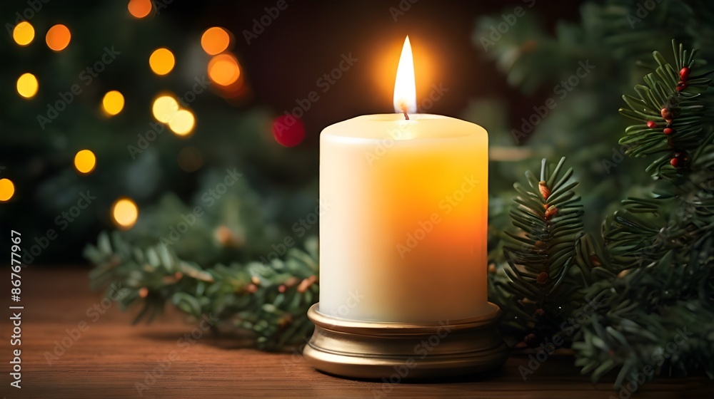 A picture capturing the warm glow of a lit Christmas candle surrounded by evergreen branches A picture capturing the warm glow of a lit Christmas candle surrounded by evergreen branches