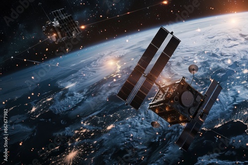 A military satellite network monitoring enemy movements across global battlefields, coordinating space-based tactical weaponry, and facilitating real-time data transmission