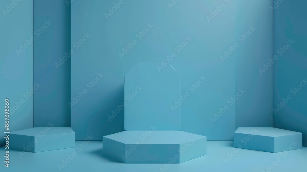 Minimal scene with hexagonal podium and abstract background. Geometric shape. Blue pastel colors scene. Minimal 3d rendering. Scene with geometrical forms and blue background. 3d render. Minimal scene with hexagonal podium and abstract background. Geometric shape. Blue pastel colors scene. Minimal 3d rendering. Scene with geometrical forms and blue background. 3d render.