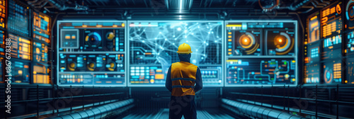 Wall of digital data in a futuristic control room. A system engineer stands in front of a large wall of digital displays, filled with data visualizations and control panels