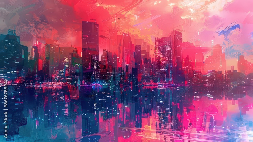 Photo of Vibrant and textured digital painting of a futuristic cyberpunk city street