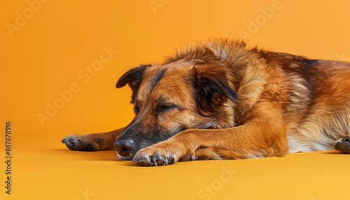 Relaxed Dog Resting on a Bright Yellow Cushion.