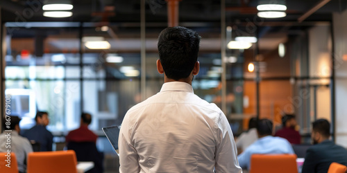  Indian corporate leader presenting to colleagues in a light-filled glass office, a snapshot of contemporary business dynamics and collaboration.