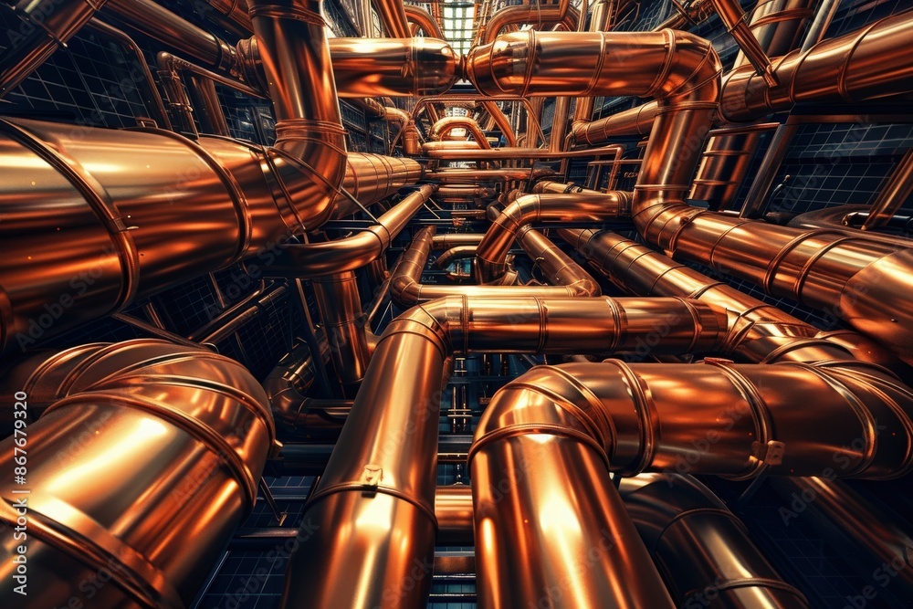 An intricate network of copper pipes, weaving together in a mesmerizing display of precision and functionality, symbolizing the beauty of engineering and infrastructure