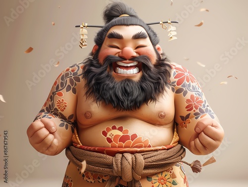 Cheerful sumo wrestler in traditional attire, cartoon style photo