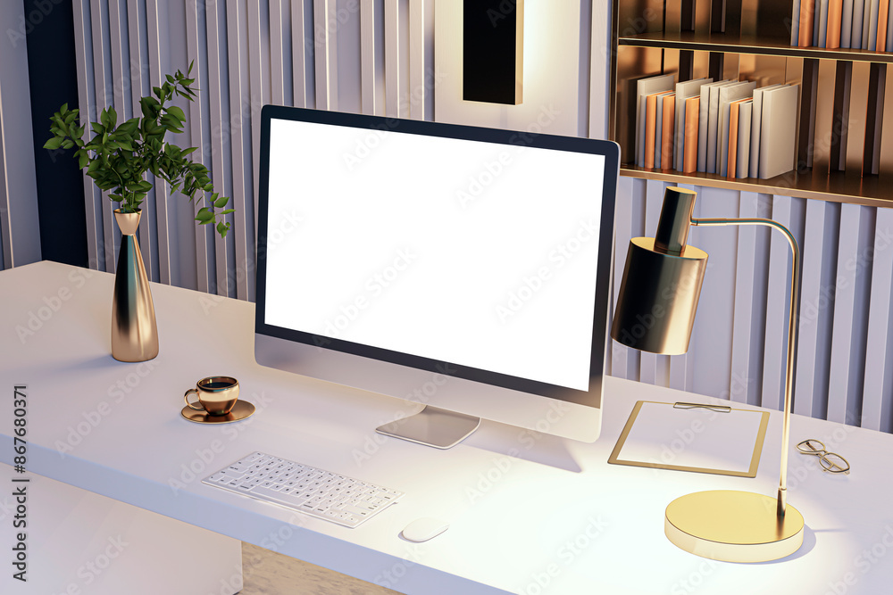 © Who is Danny - A computer with blank screen on a modern desk with decorative items, against a striped background, concept of office workspace. 3D Rendering © Who is Danny - A computer with blank screen on a modern desk with decorative items, against a striped background, concept of office workspace. 3D Rendering