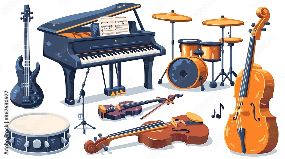 Vector illustrations of different musical instruments piano guitar ...