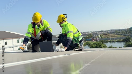 Wallpaper Mural Professional electric engineers survey and inspect solar panels installation on the factory metal sheet roof top. Torontodigital.ca