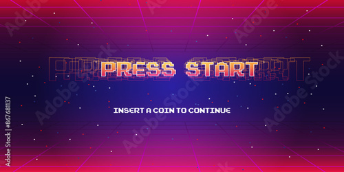 PRESS START INSERT A COIN TO CONTINUE .pixel art .8 bit game.retro game. for game assets in vector illustrations.Retro Futurism Sci-Fi Background. glowing neon grid.and stars from vintage arcade comp