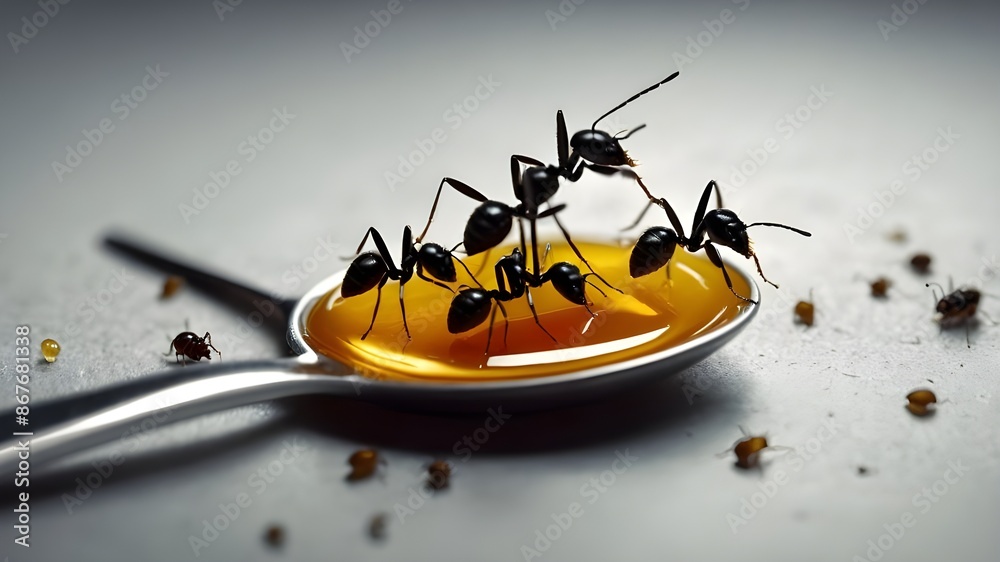 Cinematic scene of tiny black ants marching on spoon dramatic footage
