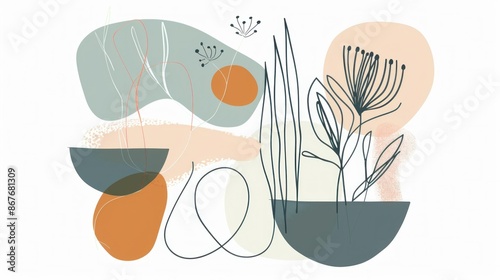 Abstract illustration of plants and vases in orange, blue, and gray color scheme on white background