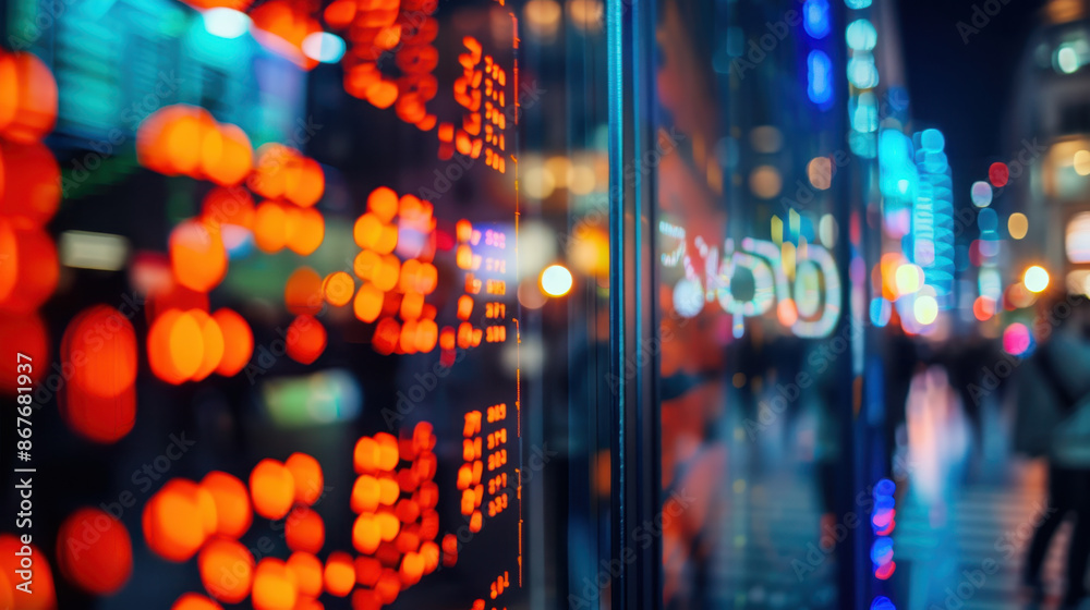 Stock market data display with vibrant city lights in the background at night