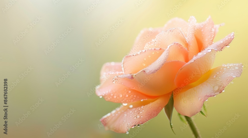 Fototapeta premium A close-up of a dew-covered rose in the early morning light, its petals vibrant and fresh against a blurred background.