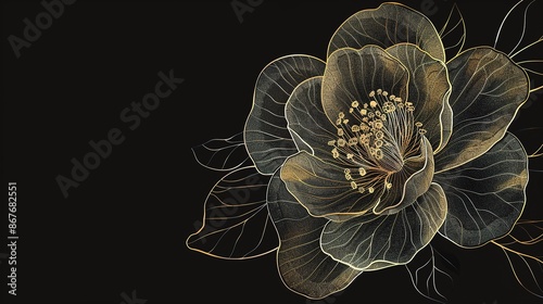 A camellia is depicted by golden lines against a black background photo