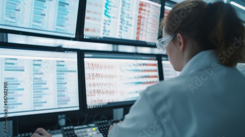 A scientist in a high-tech laboratory, examining a digital screen displaying DNA sequences, surrounded by advanced equipment and glowing monitors.