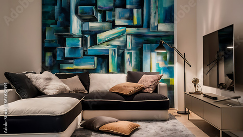 Modern Nordic living room interior with sofa and lots of details.